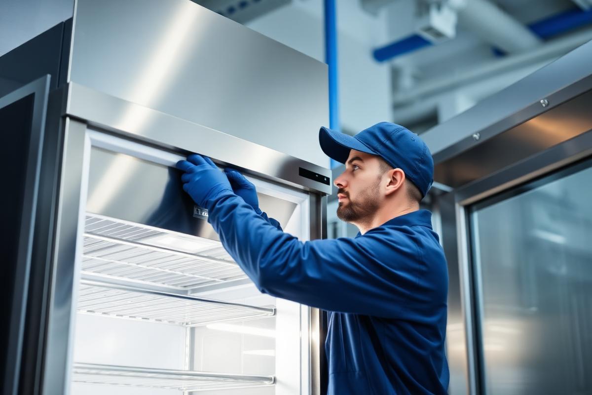 Tehnician service HORECA reparând echipament frigiferic